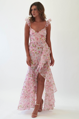 Floral Print Cami Asymmetrical Ruffled Slit Maxi Dresses-Pink