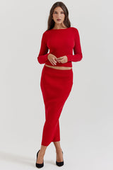 Pit Knit Long Sleeve Ribbon Back Crop Top Solid Midi Skirt Matching Set-Red
