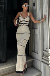 Colorblock Trim Knit Hollow Out Slit Side Maxi Slip Dresses-White