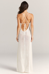 Knit Flower Cutout Tie Up Backless Slim Fit Slip Maxi Dresses-White Pre Order