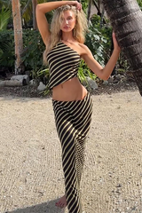 Striped Skew Neck Sleeveless Crop Top Low-Rise Maxi Skirt Matching Set-Black
