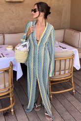 Crochet Abstract Striped Pattern Deep V Neck Flare Sleeve Slit Maxi Dresses-Green