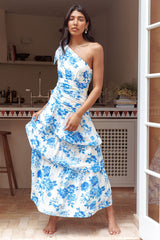 Floral Print One Shoulder Ribbon Layered Hem Wedding Guest Maxi Dresses-Blue