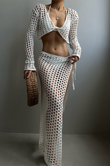 Hollow Out Knit Long Sleeve Crop Top Cover Ups High Slit Maxi Skirt Matching Set-White