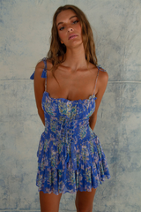 Floral Print Spaghetti Strap Slim Fit Tiered Ruffled Mini Dresses-Blue