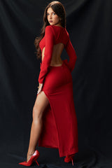Bow Decor Long Sleeve Backless Slim Fit Side Slit Gowns Maxi Dresses-Red
