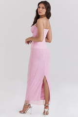 Lace Patchwork Corset Bodycon Maxi Slip Dresses-Pink