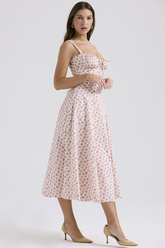 Ditsy Floral Print Front Tie Up Cinch Waist Slip Midi Dresses-Pink
