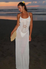 Knit Hollow Out Tied Up Backless Cover Ups Vacation Slip Maxi Dresses-White