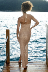 Cut Out O-Ring High Slit Backless Halter Fringed Vacation Crochet Maxi Dresses-Nude