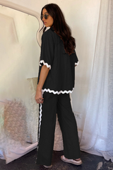 Colorblock Wavy Trim Half Sleeve Blouse Wide Leg Pants Matching Set-Beige