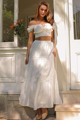 Off Shoulder Short Sleeve Ruched Top Quilted Maxi Skirt Matching Set-White
