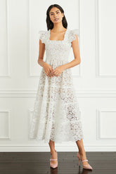 Square Neck Flutter Lace See-Through A-Line Midi Dresses-White
