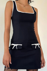 Square Neck Contrast Binding Slim Fit Bow Decor Mini Tank Dresses-Black