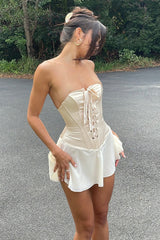 Strapless Lace Up Corset Ruffle Mini Dresses