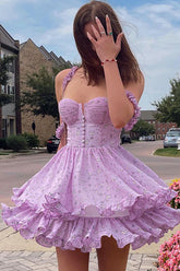 Floral Print Button Ruffle Vacation Sleeveless A-Line Mini Dresses-Purple