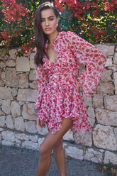 Flare Sleeve Irregular Neck Floral Curved Hem Mini Dresses-Red