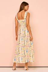 Wide Straps Mixed Prints A-Line Flowy Midi Dresses-Beige