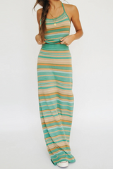 Knit Striped Halter Neck Crop Top Slit Maxi Skirt Matching Set-Green