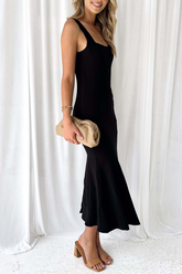 Square Neck Backless Fishtail Hem Sleeveless Plain Midi Dresses-Black