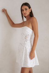 Floral Pattern Hollow Out Strapless Cinch Waist Mini Dresses-White Pre Order