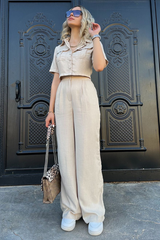 Solid Color Short Sleeve Crop Blouse Straight Leg Pants Matching Set-Beige