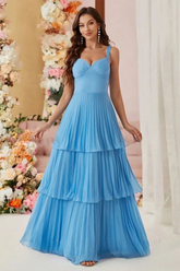 Deep V Neck Cinch Waist Pleated Layered Hem Gowns Maxi Slip Dresses-Blue