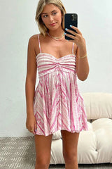 Tribal Print Ruffle Pleated Hem Ruched Vacation Slip Mini Dresses