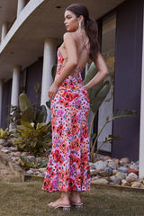 Cross Cami Boat Neck Backless Tied Up Floral Print Vacation Slim Maxi Dresses