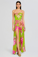 Floral Print Slim Fit High Slit Vacation Maxi Tube Dresses-Green