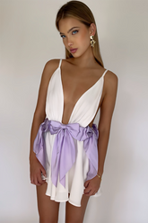 Deep V Neck Colorblock Bow Decor Backless Mini Slip Dresses-White