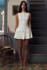 Button Up Cinch Waist Pleated Hem Backless Solid Color Mini Tank Dresses-White