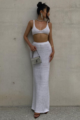 Knit Deep V Neck Crop Cami Knit Plain Bodycon Maxi Skirt Matching Set-White