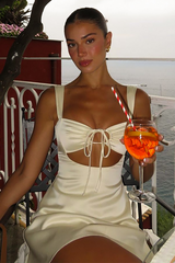 Front Tie Up Cutout Solid Color A-Line Slip Mini Dresses-Beige