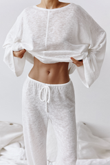 Knit Solid Color Long Sleeve Loose Fit Top Straight Leg Pants Pajamas Set-White