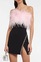 Feather Strapless Slim Fit Rhinestone Trim Slit Cocktail Party Mini Dresses-Black