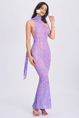 Leopard Print Sash Backless Mermaid Hem Maxi Dresses-Purple