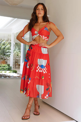Mixed Prints V Neck Crop Cami A-Line Midi Skirt Matching Set-Red