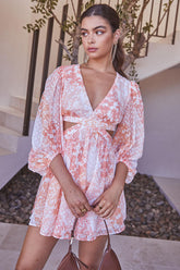 Chiffon Cut Out Paisley Print Deep V Neck Lantern Sleeve A-Line Vacation Mini Dresses