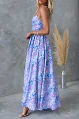 Floral Print V Neck Asymmetric Hem Vacation Maxi Dresses-Purple