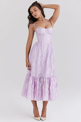 Square Neck Floral Jacquard Lace Up Corset Midi Dresses-Purple