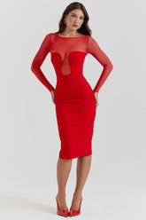 Mesh Patchwork Long Sleeve Irregular Corset Bodycon Midi Dresses-Red