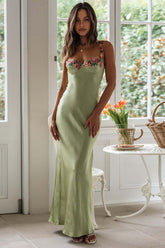 Embroidered Flower Boat Neck High Slit Satin Slim Garden Party Slip Maxi Dresses