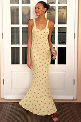 U Neck Ditsy Floral Print Slim Fit Fishtail Maxi Tank Dresses-Yellow