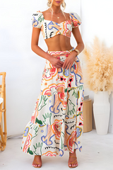 Doodle Print Puff Sleeve Crop Top Flowy Maxi Skirt Matching Set-White