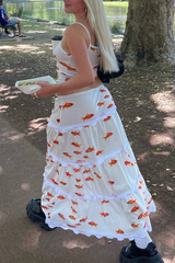 Goldfish Pattern Crop Cami Ruffled Lace Trim Maxi Skirt Matching Set-White