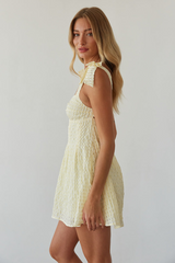 Bow Straps Open Back Plaid Pattern Textured Mini Dresses-Yellow