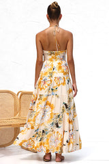 Cutout Halter Print Tiered Backless Vacation Maxi Dresses