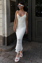 Knit Hollow Out Pattern Deep V Neck Midi Slip Dresses-White