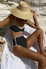 Contrast Binding V Neck Crop Cami High Waist Bikini Two-Piece Set-Black